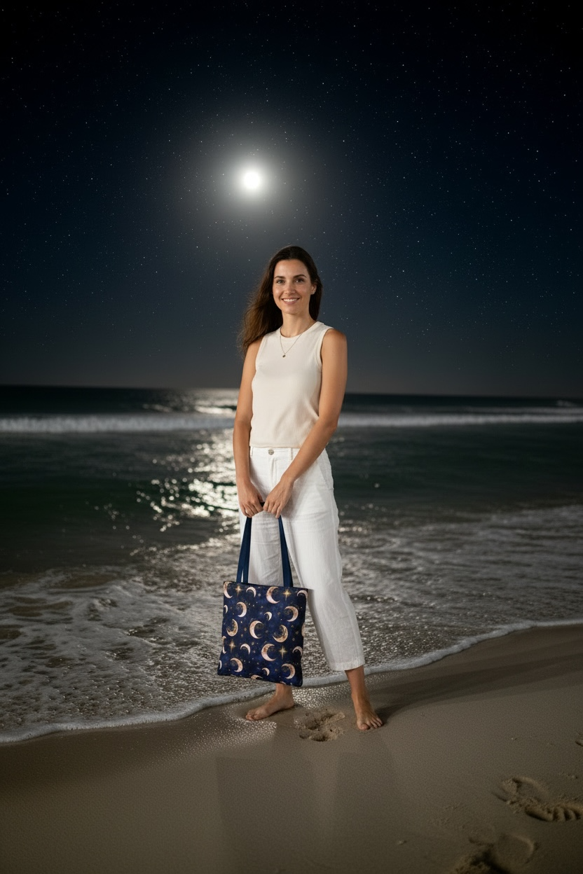 Celestial Moon Pattern Tote | Crescent Moons Stars Night Sky