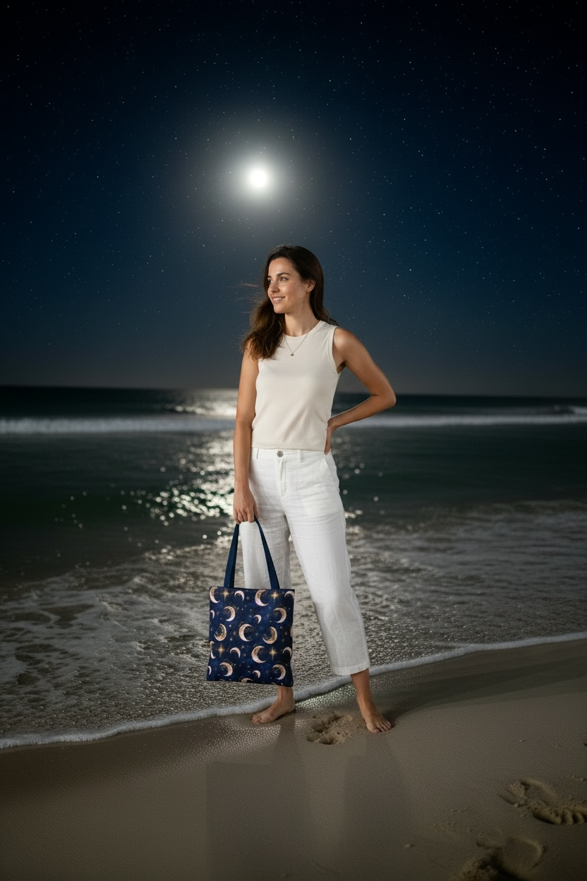 Celestial Moon Pattern Tote | Crescent Moons Stars Night Sky