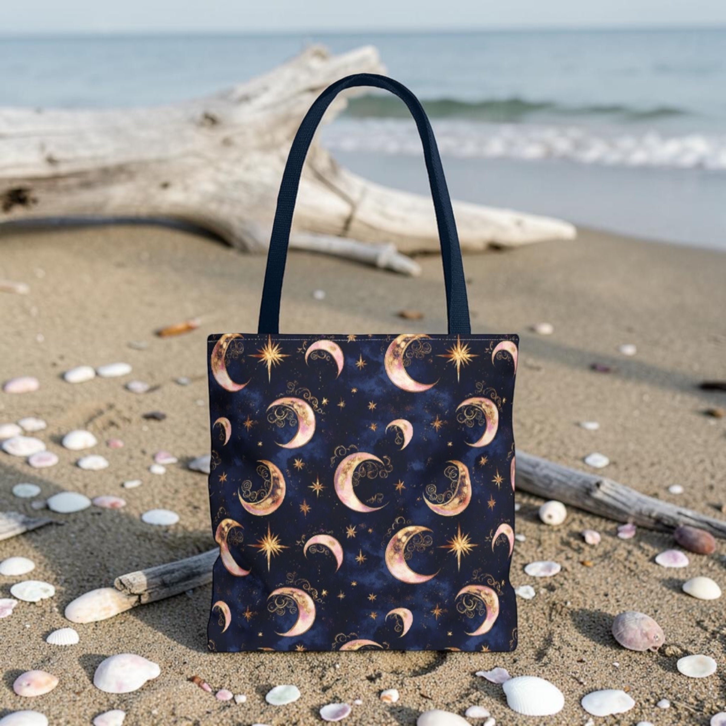 Celestial Moon Pattern Tote | Crescent Moons Stars Night Sky