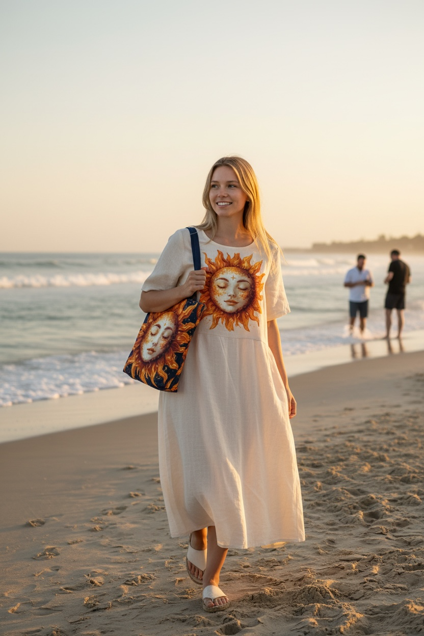 Celestial Sun Face Tote Bag | Sun Moon Stars Astrology Print