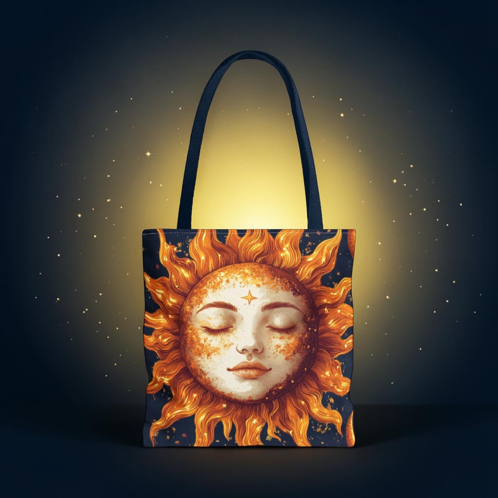 Celestial Sun Face Tote Bag | Sun Moon Stars Astrology Print
