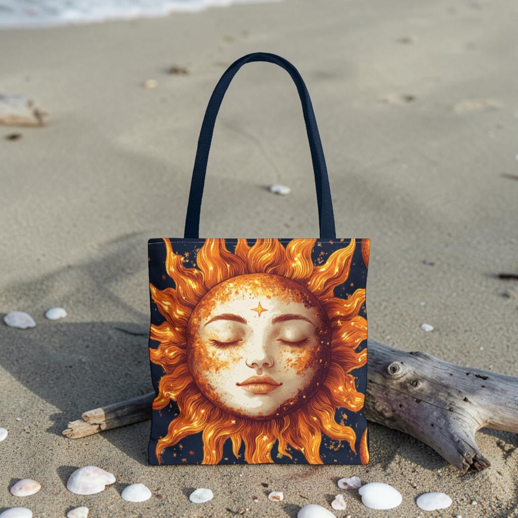 Celestial Sun Face Tote Bag | Sun Moon Stars Astrology Print