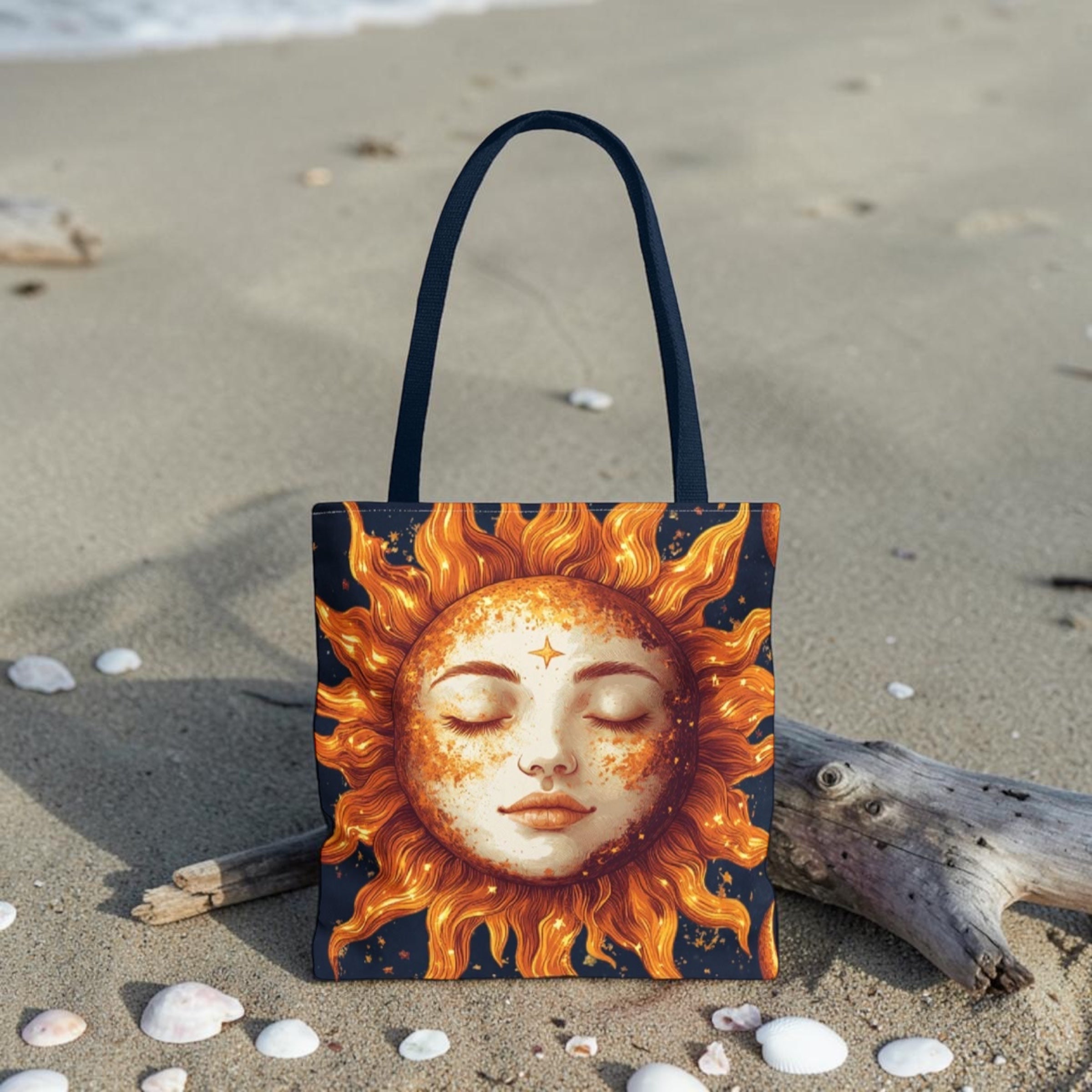 Celestial Sun Face Tote Bag | Sun Moon Stars Astrology Print
