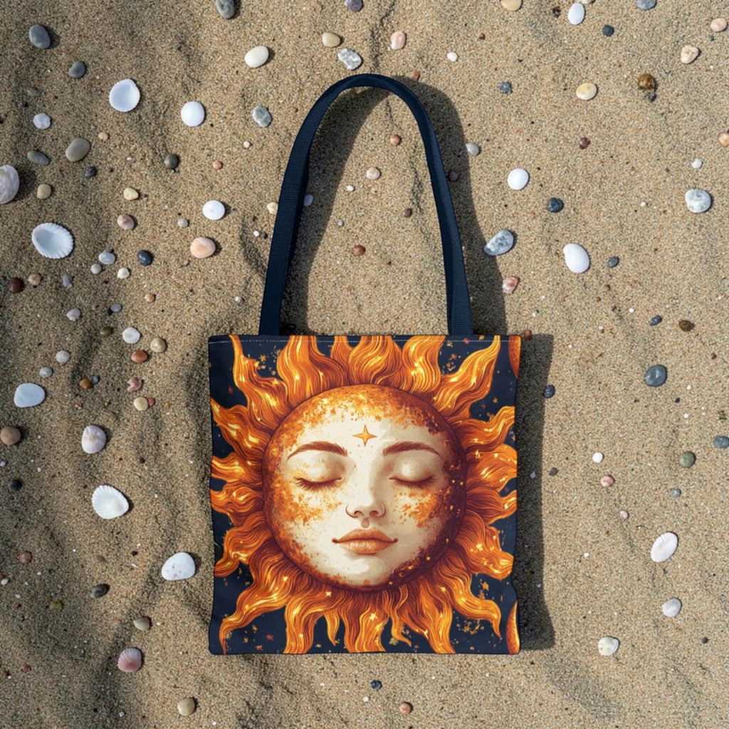Celestial Sun Face Tote Bag | Sun Moon Stars Astrology Print