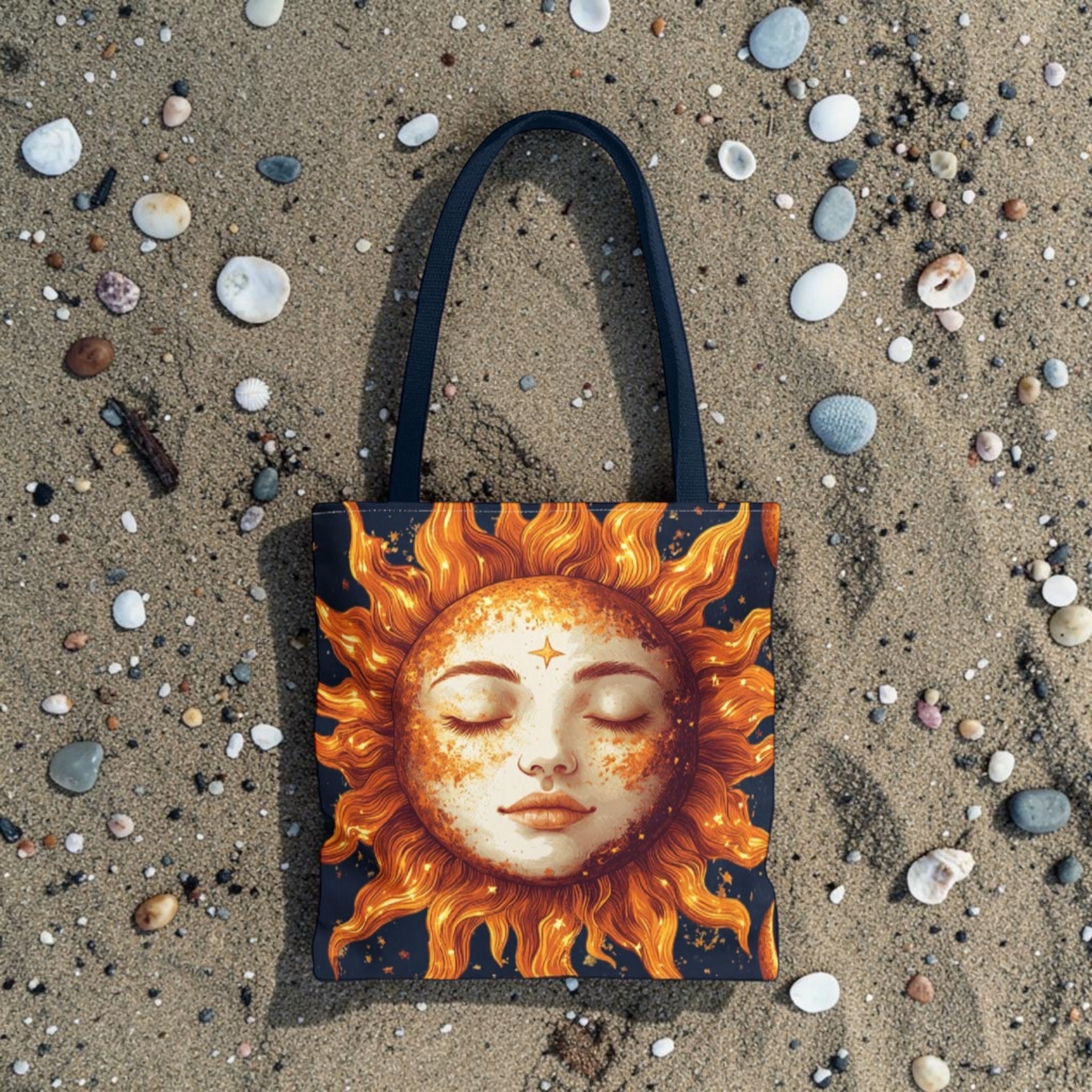Celestial Sun Face Tote Bag | Sun Moon Stars Astrology Print