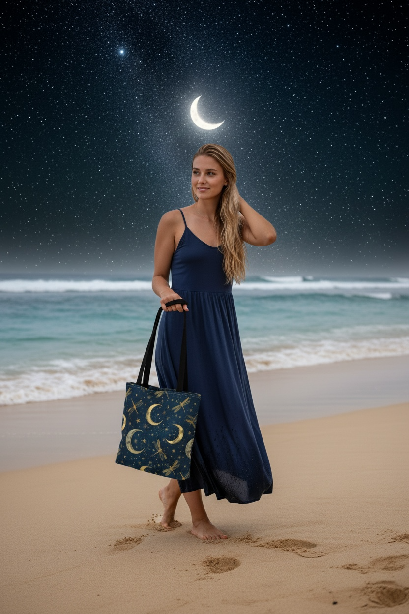 Golden Crescent Moon Dragonfly Tote Bag | Celestial Night Sky Stars Pattern