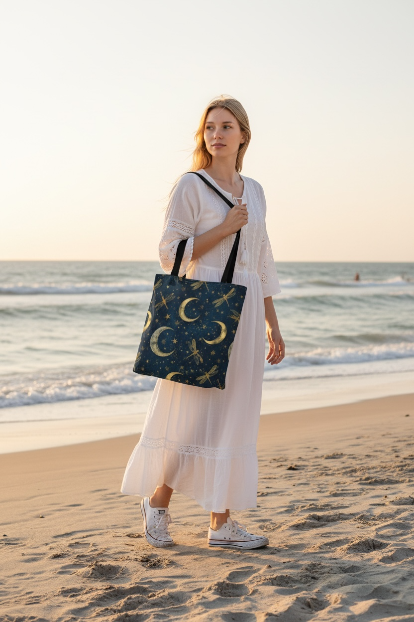 Golden Crescent Moon Dragonfly Tote Bag | Celestial Night Sky Stars Pattern