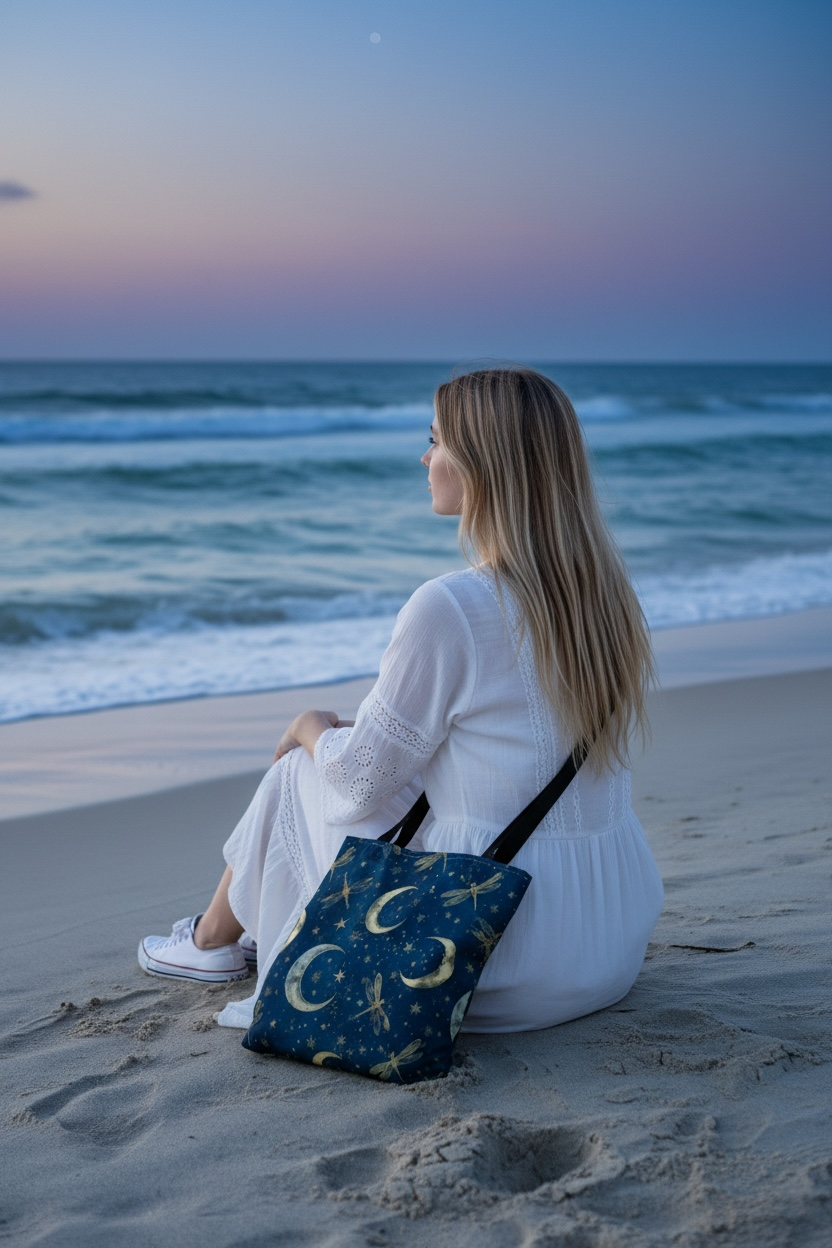 Golden Crescent Moon Dragonfly Tote Bag | Celestial Night Sky Stars Pattern