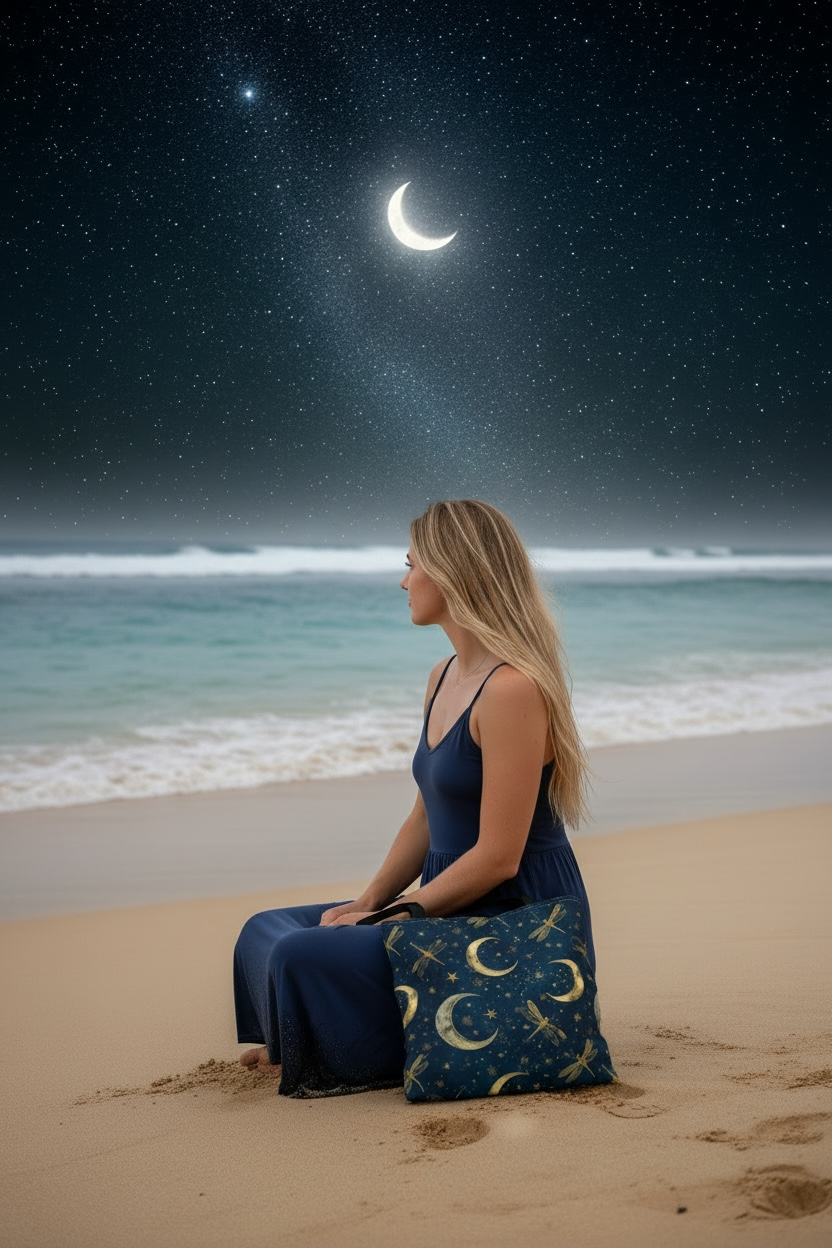 Golden Crescent Moon Dragonfly Tote Bag | Celestial Night Sky Stars Pattern