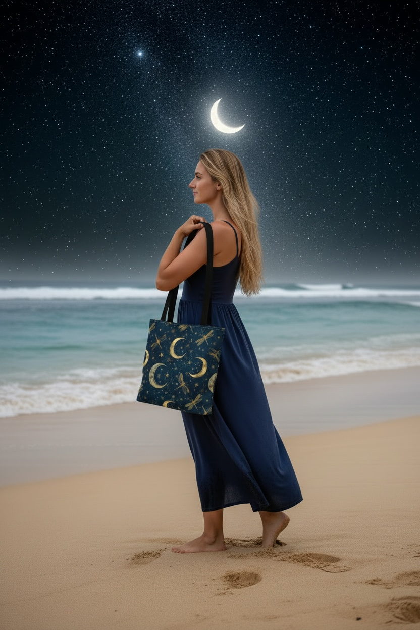 Golden Crescent Moon Dragonfly Tote Bag | Celestial Night Sky Stars Pattern