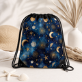 Golden Seashells Moonstars Drawstring Bag | Blue Galaxy Beach Pattern