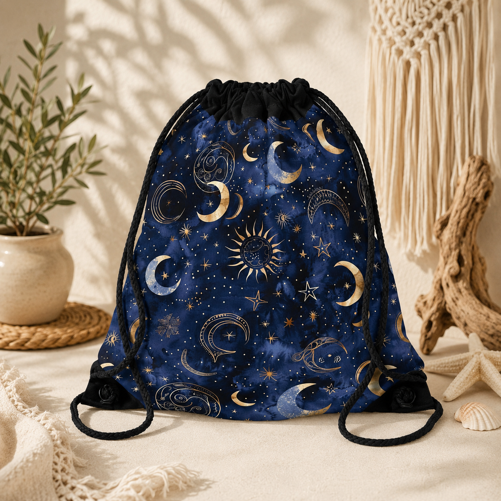 Celestial Moons & Stars Drawstring Bag — Night Sky Boho Bag