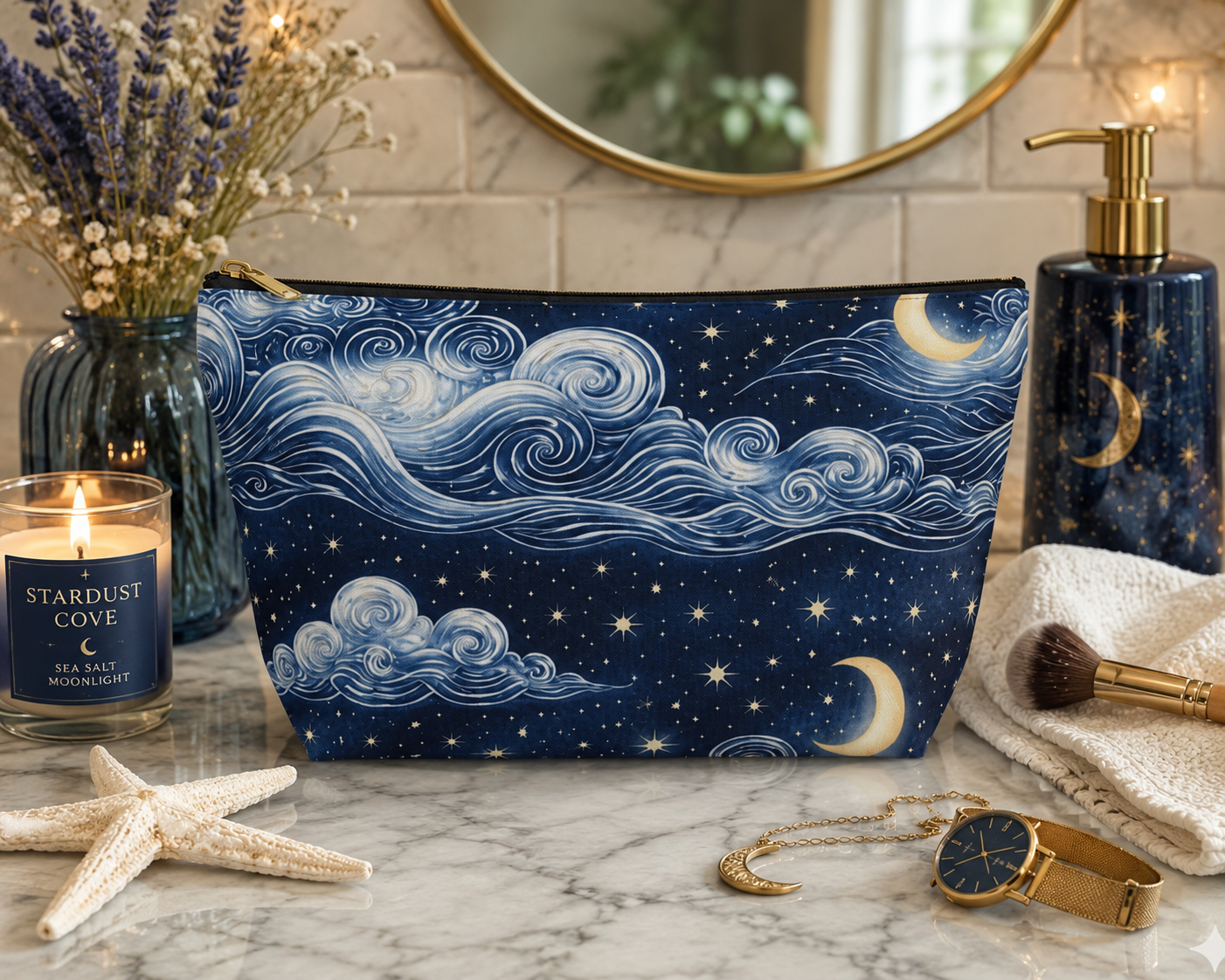 Starry Night Clouds Accessory Pouch | Moon and Swirl Sky Makeup Bag