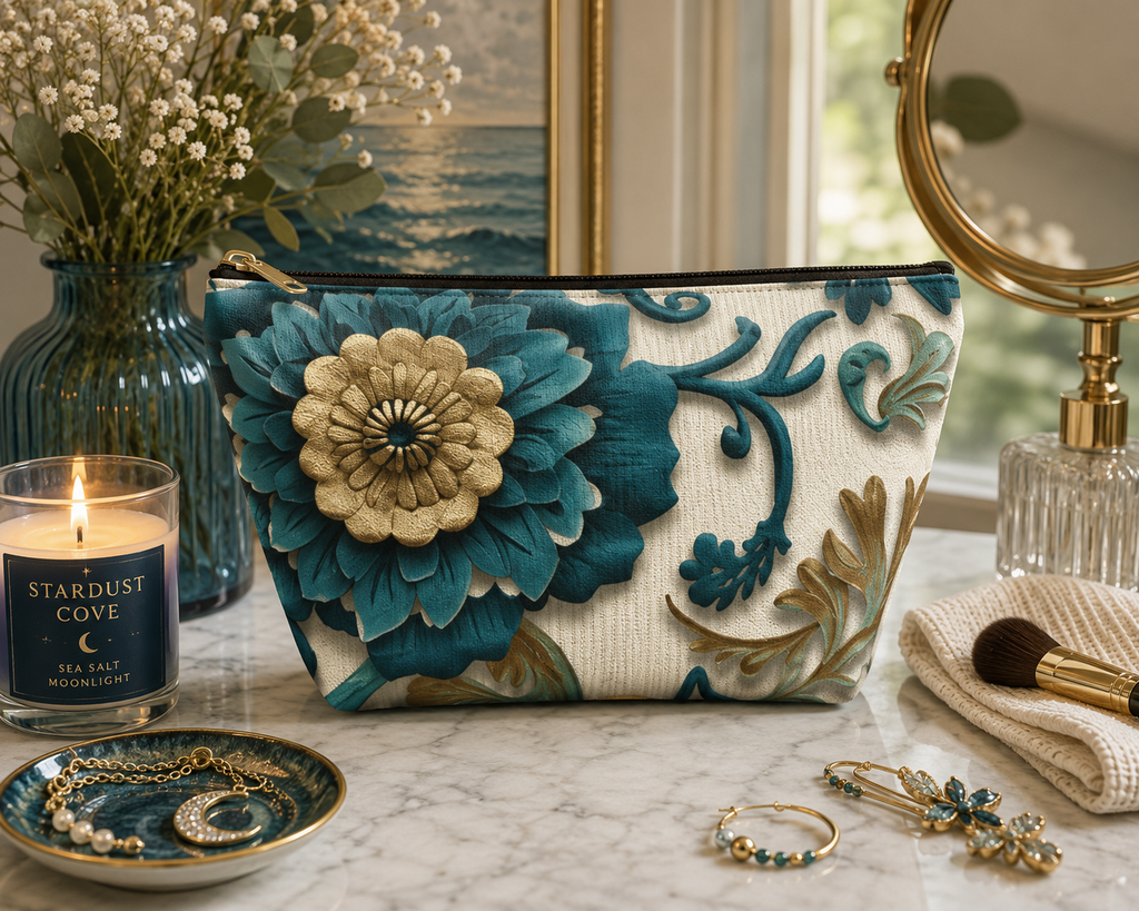 Teal Floral Damask Accessory Pouch - Botanical Art Nouveau Cosmetic Bag