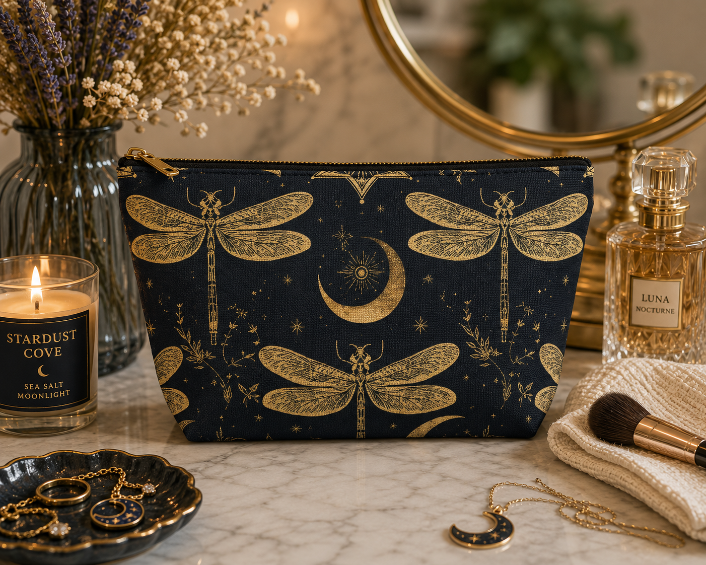 Golden Dragonfly Moon Waterproof Accessory Pouch