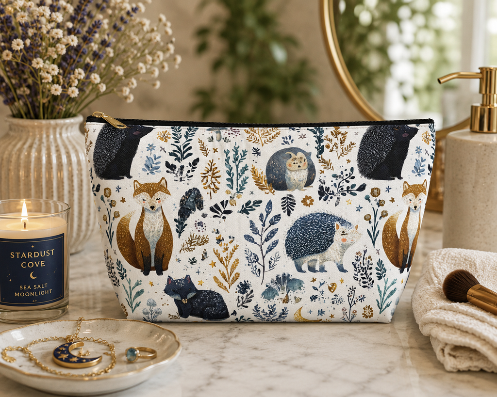 Woodland Fox & Hedgehog Accessory Pouch | T-Bottom Cosmetic Bag