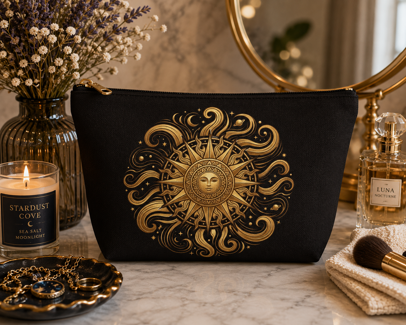 Golden Sun Celestial Pouch | Makeup Bag, T-Bottom Accessory Organizer