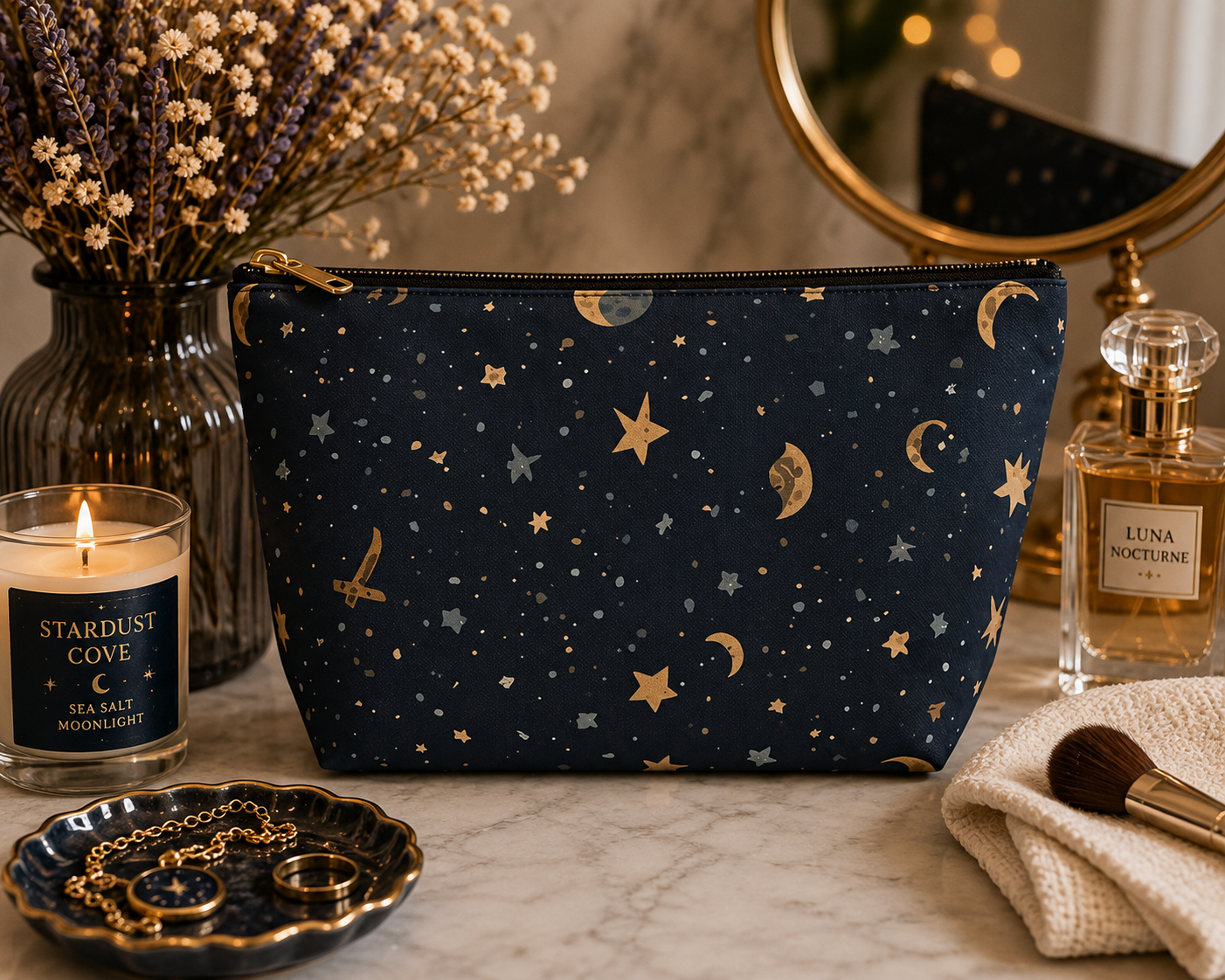 Celestial Moon and Stars Accessory Pouch | T-Bottom Travel Cosmetic Bag