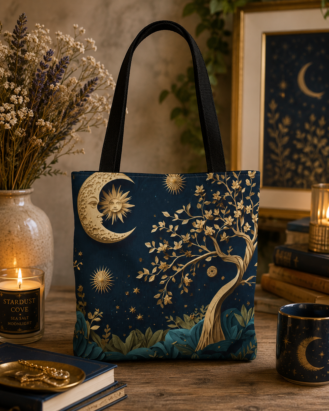 Celestial Moon Tree of Life Tote Bag | Mystical Night Sky Boho Witchy Bag | Gold Moon Stars Canvas Tote