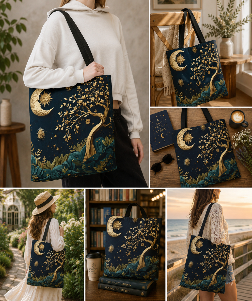 Celestial Moon Tree of Life Tote Bag | Mystical Night Sky Boho Witchy Bag | Gold Moon Stars Canvas Tote