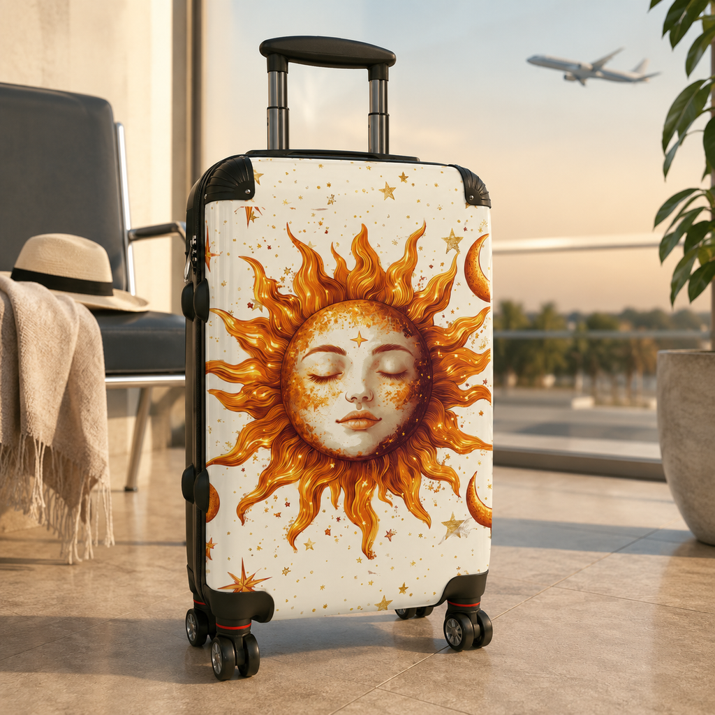 Celestial Sun Face Suitcase | Boho Hard-Shell Luggage for Travelers