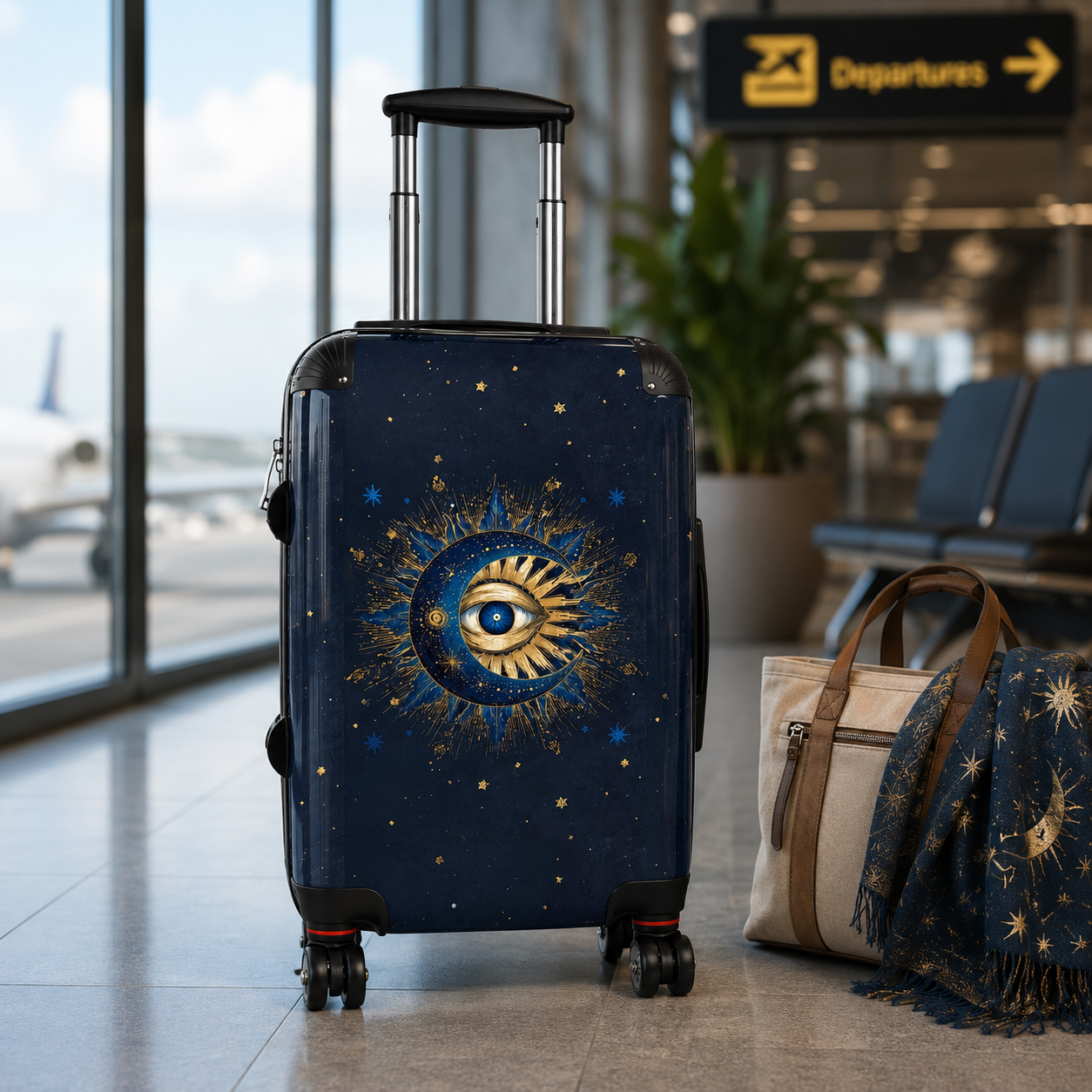 Celestial Sun and Moon Eye Suitcase | Mystical Travel Luggage, Starry Night Print