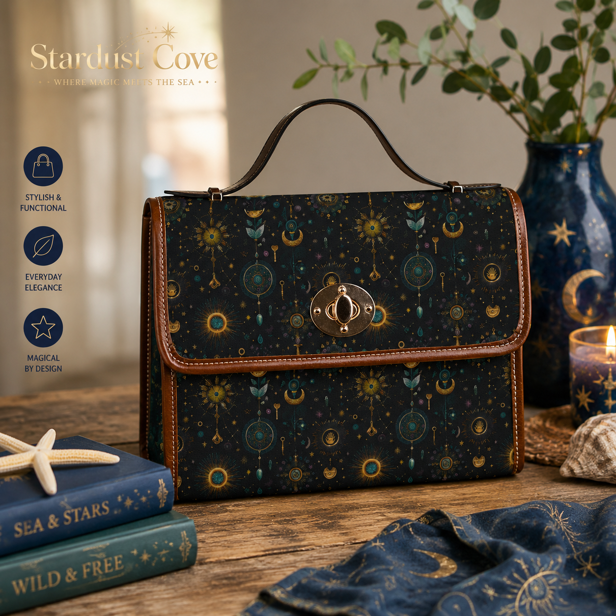 Celestial Moon Stars Crossbody Bag | Waterproof Canvas Satchel | Boho Witchy Purse