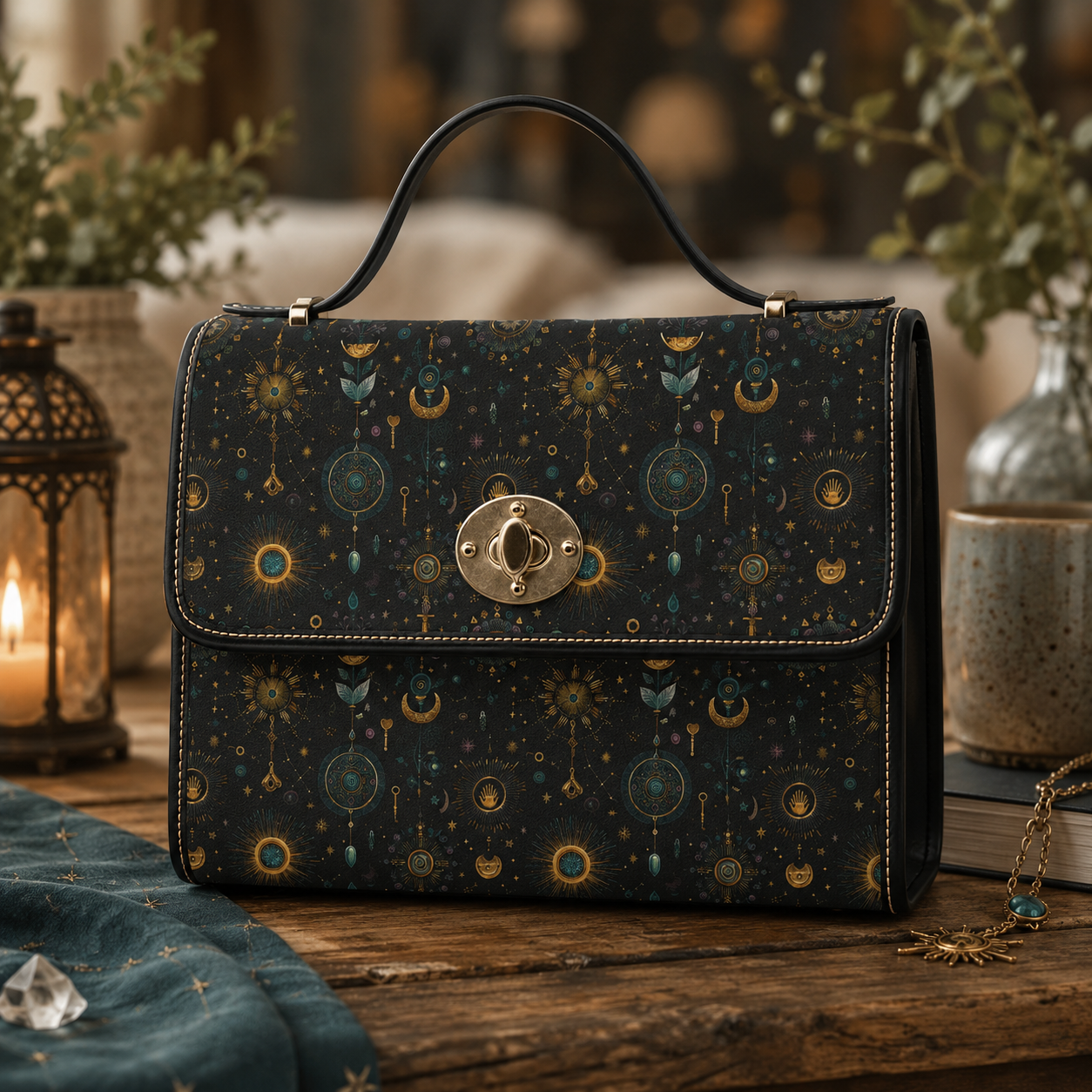 Celestial Moon Stars Crossbody Bag | Waterproof Canvas Satchel | Boho Witchy Purse