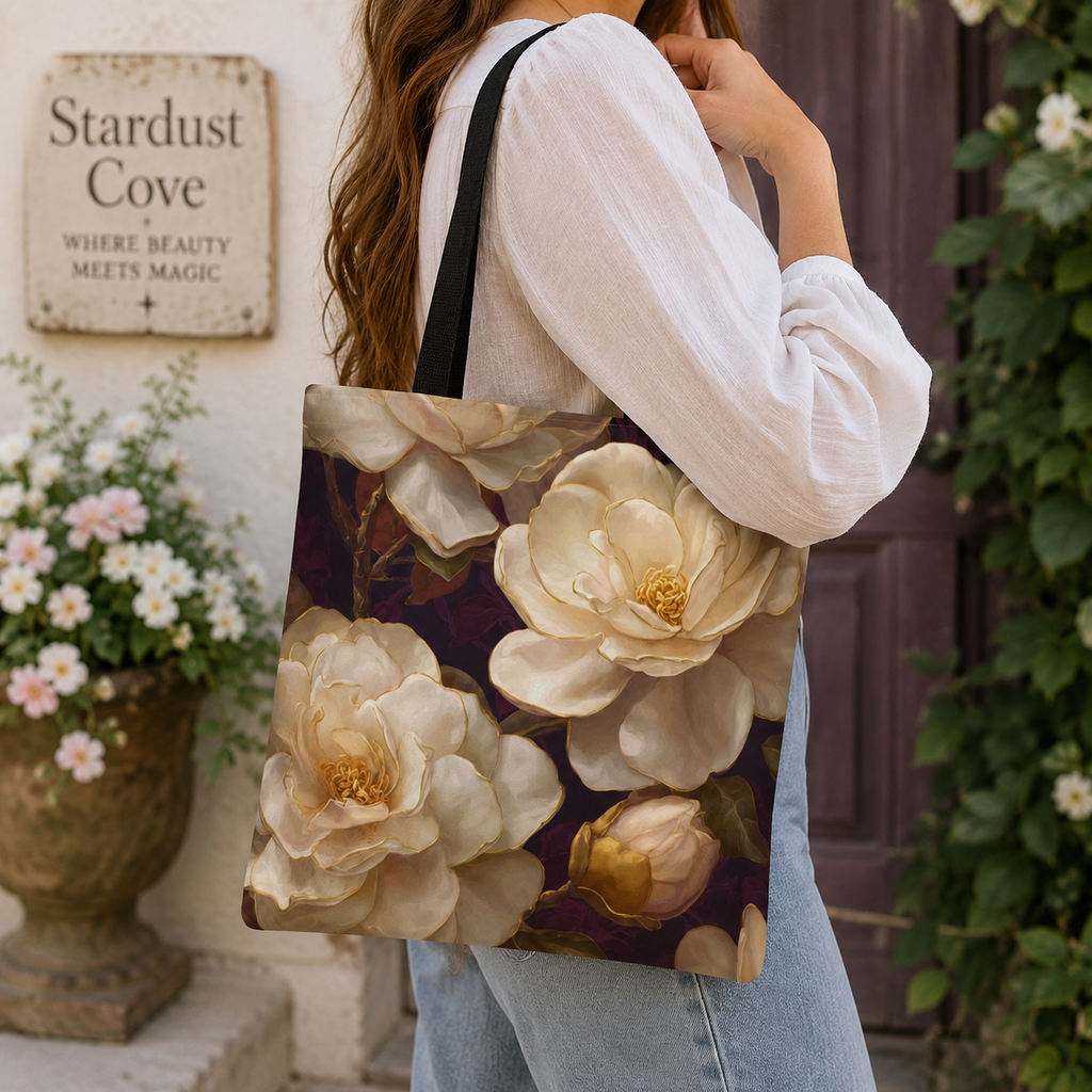 Cream Camellia Floral Tote Bag | Vintage Botanical All-Over Print