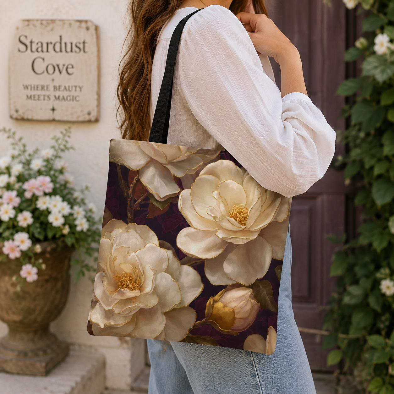 Cream Camellia Floral Tote Bag | Vintage Botanical All-Over Print