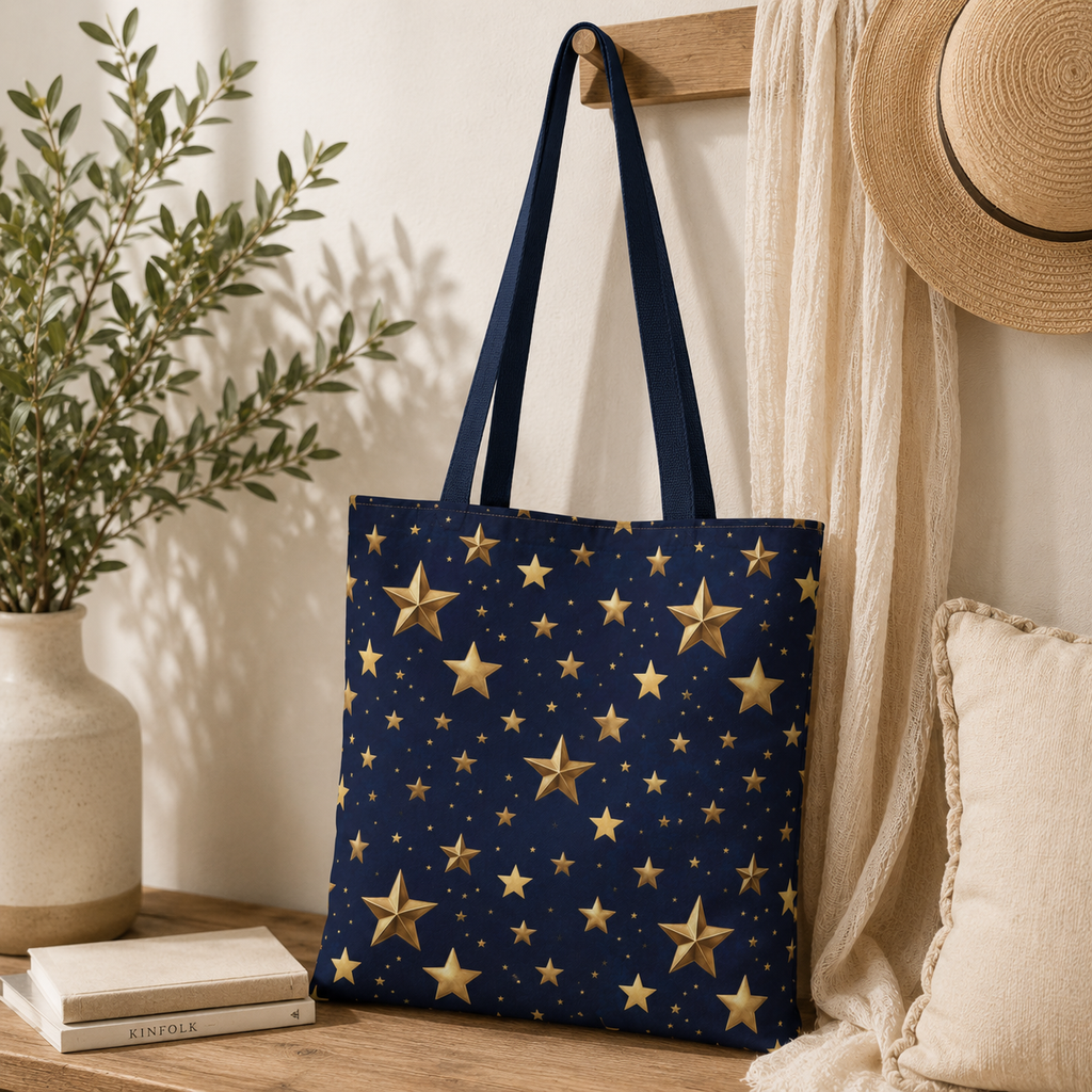 Gold Star Pattern Tote Bag | Navy Night Sky Stars All Over Print