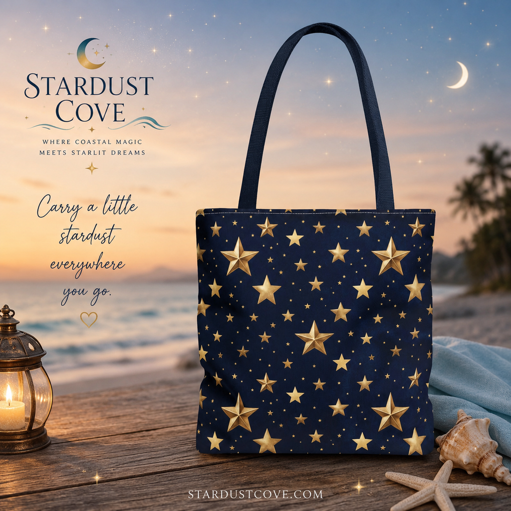Gold Star Pattern Tote Bag | Navy Night Sky Stars All Over Print