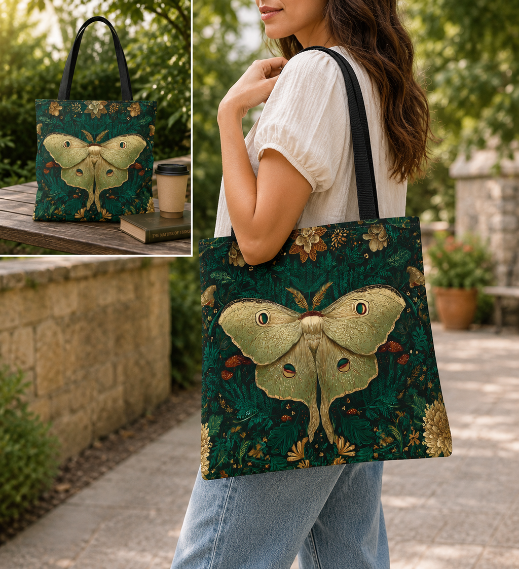 Luna Moth Illustration Tote Bag | Vintage Botanical Pattern