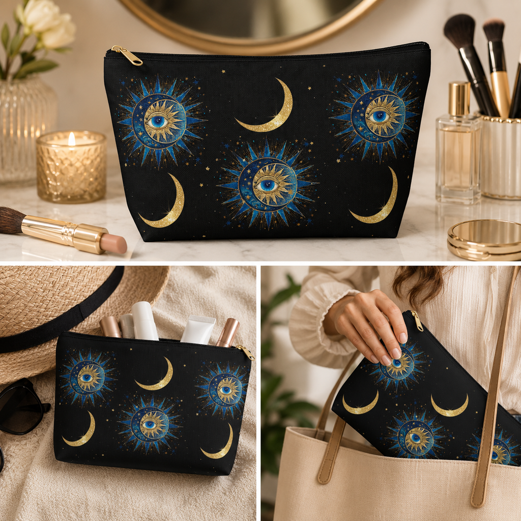 Celestial Sun Eye and Crescent Moon Accessory Pouch