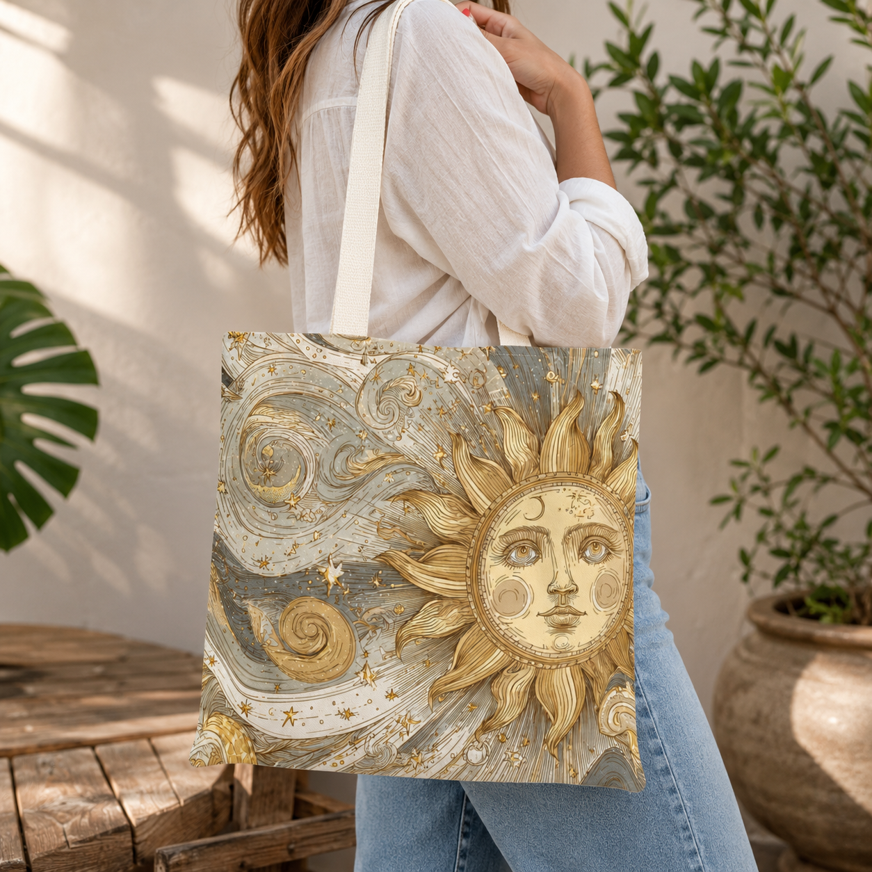 Celestial Golden Sun & Stars Tote Bag | Boho Sun Face Canvas
