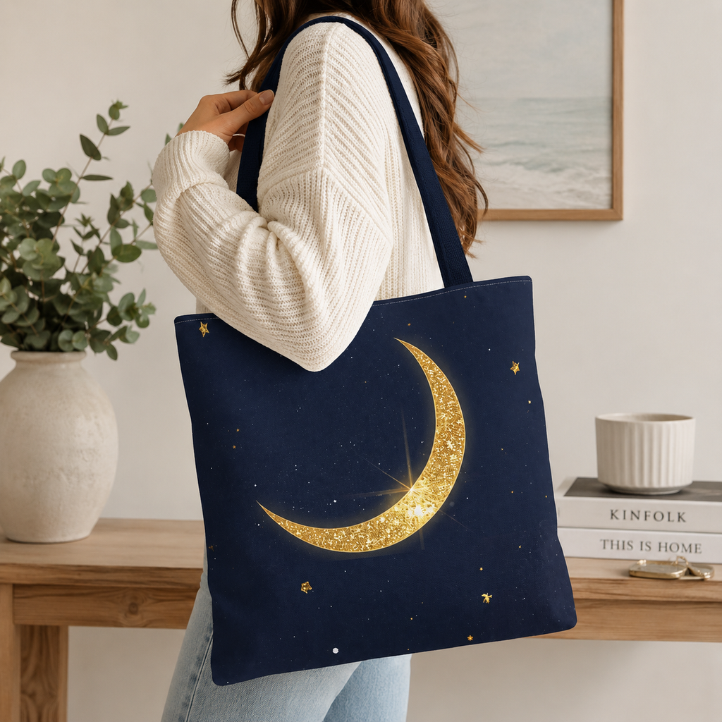 Golden Crescent Moon celestial night sky stars Tote Bag