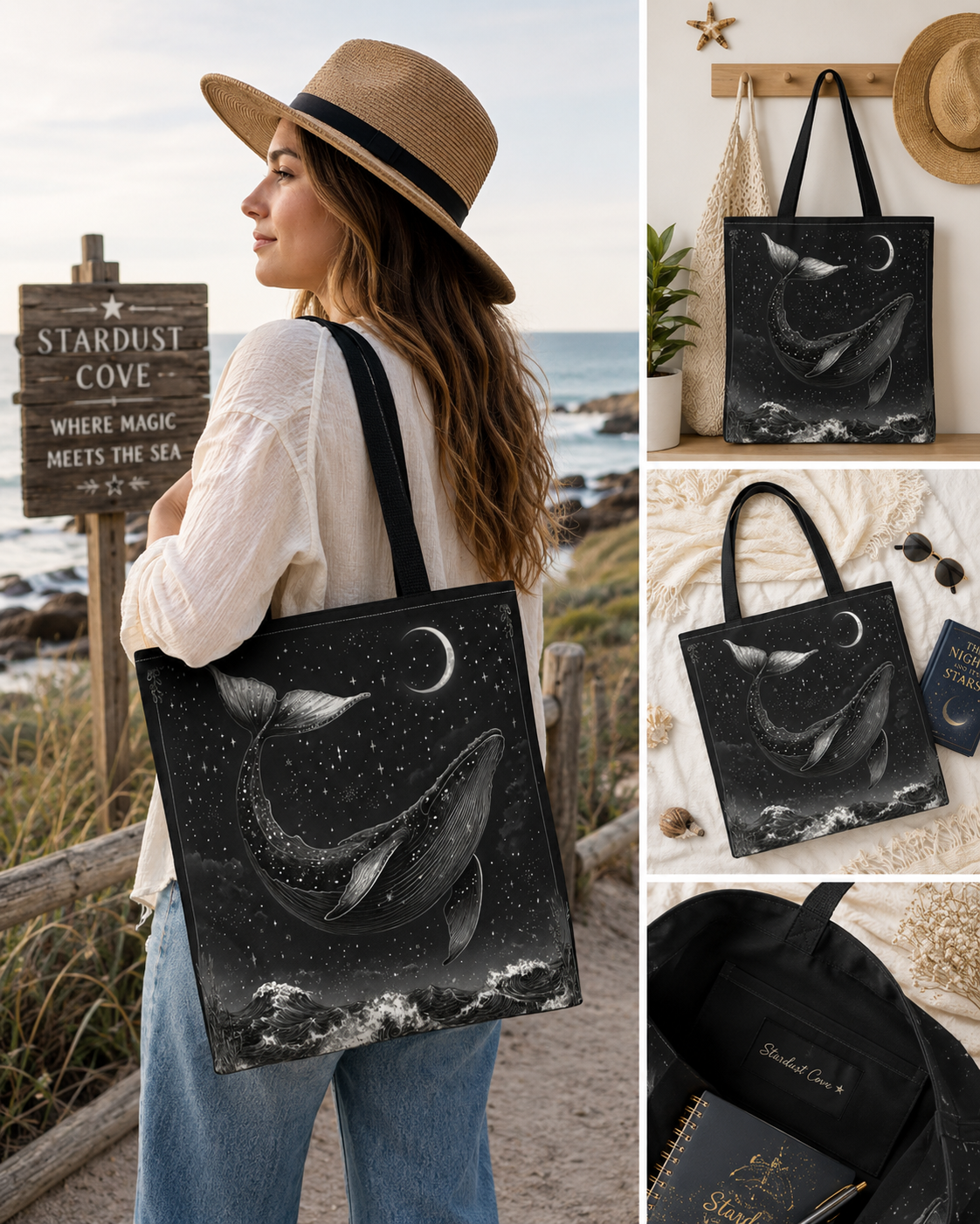 Moonlit Whale Celestial Ocean Tote Bag | Night Sky Illustration