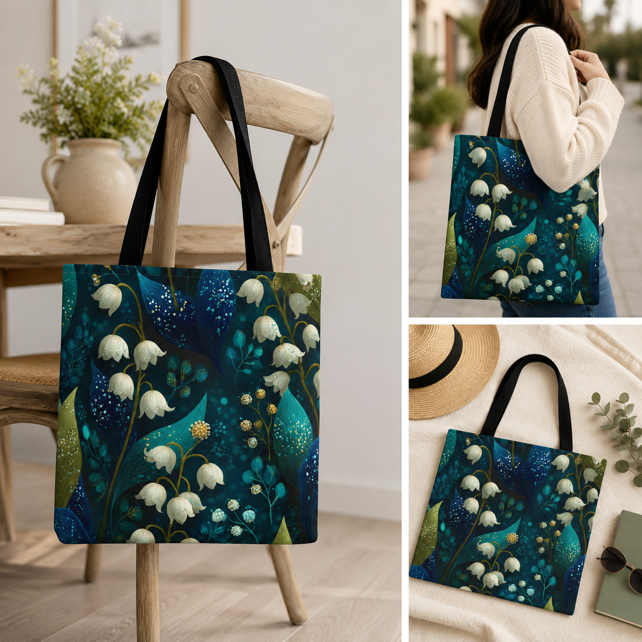 Lily of the Valley Tote Bag | Dark Botanical Cottagecore Floral Shoulder Bag