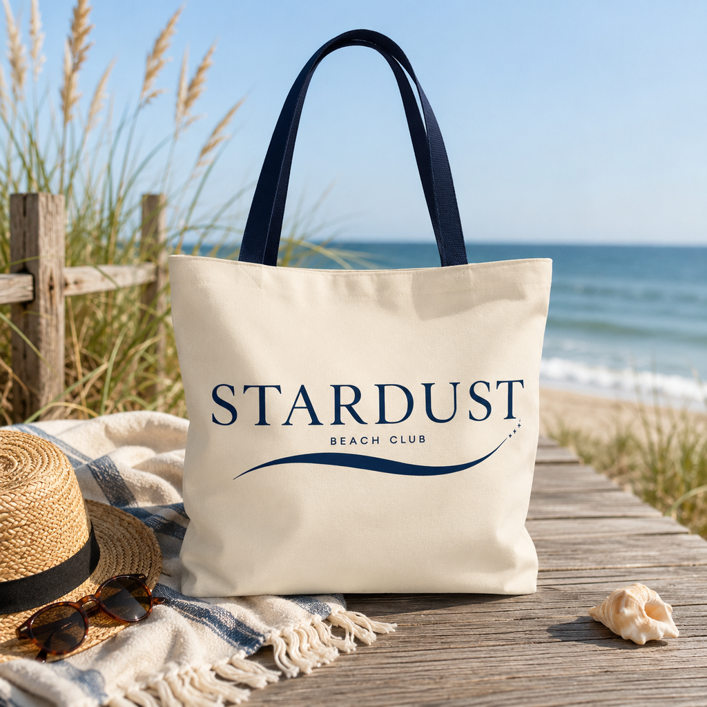 Stardust Beach Club Tote, Canvas Beach Bag, Navy Handles, Minimalist Coastal Style