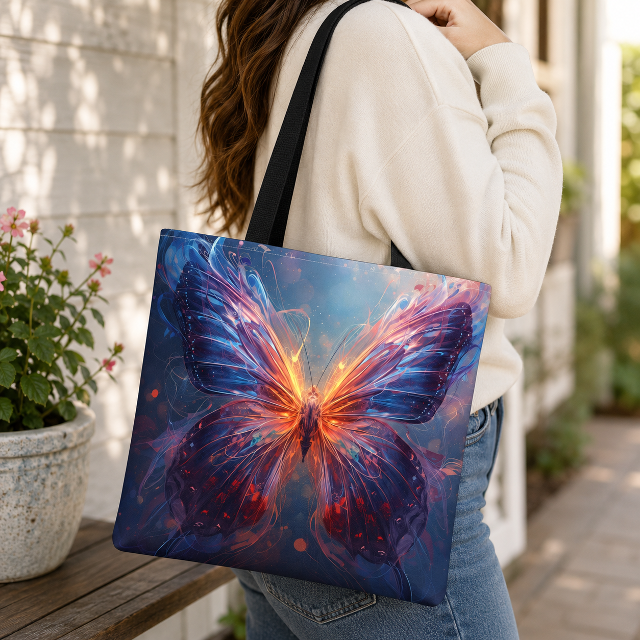 Luminous Butterfly Tote Bag | Amber Violet Floral Canvas Shoulder Bag