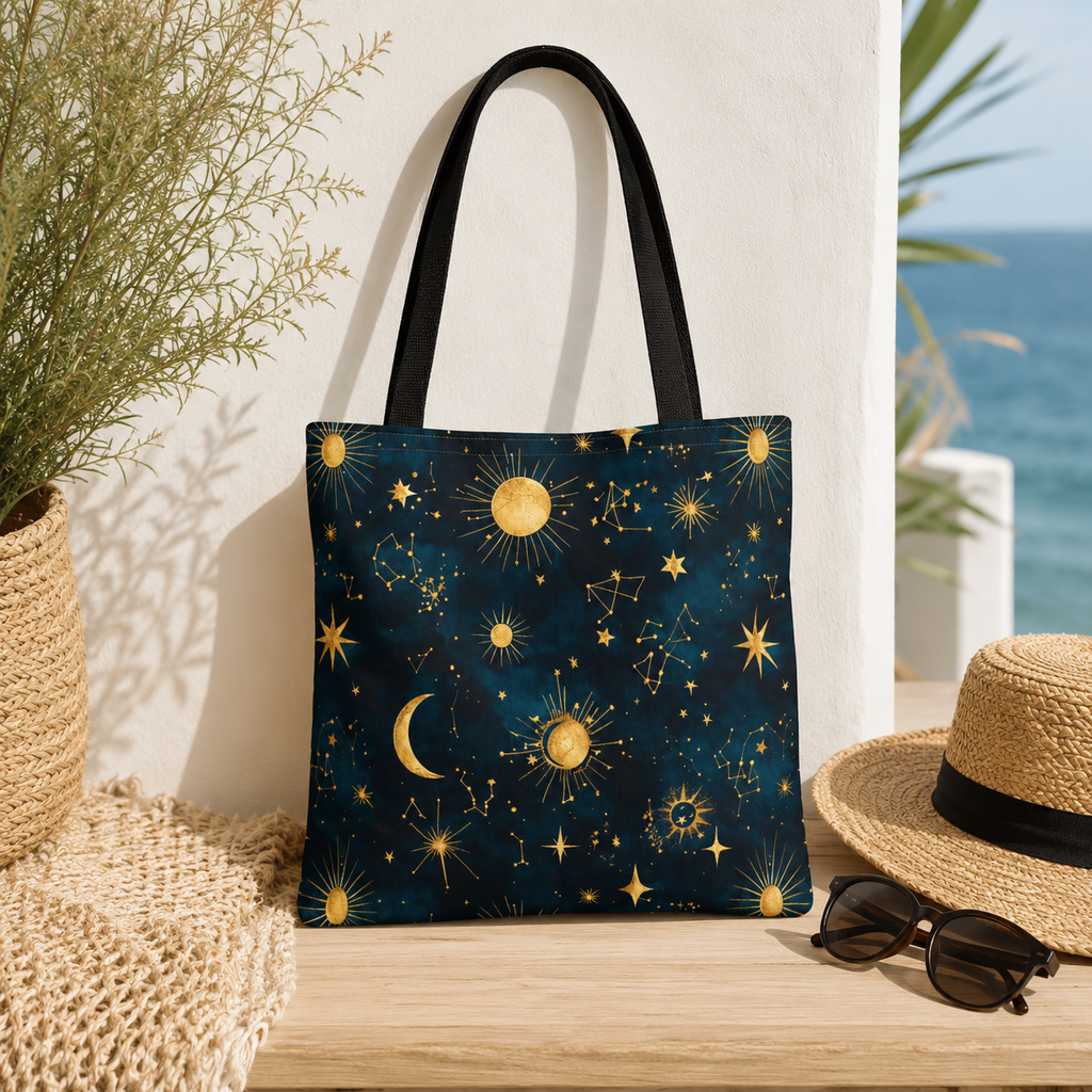 Golden Celestial Suns and Constellations Tote | Moon and Stars Night Sky