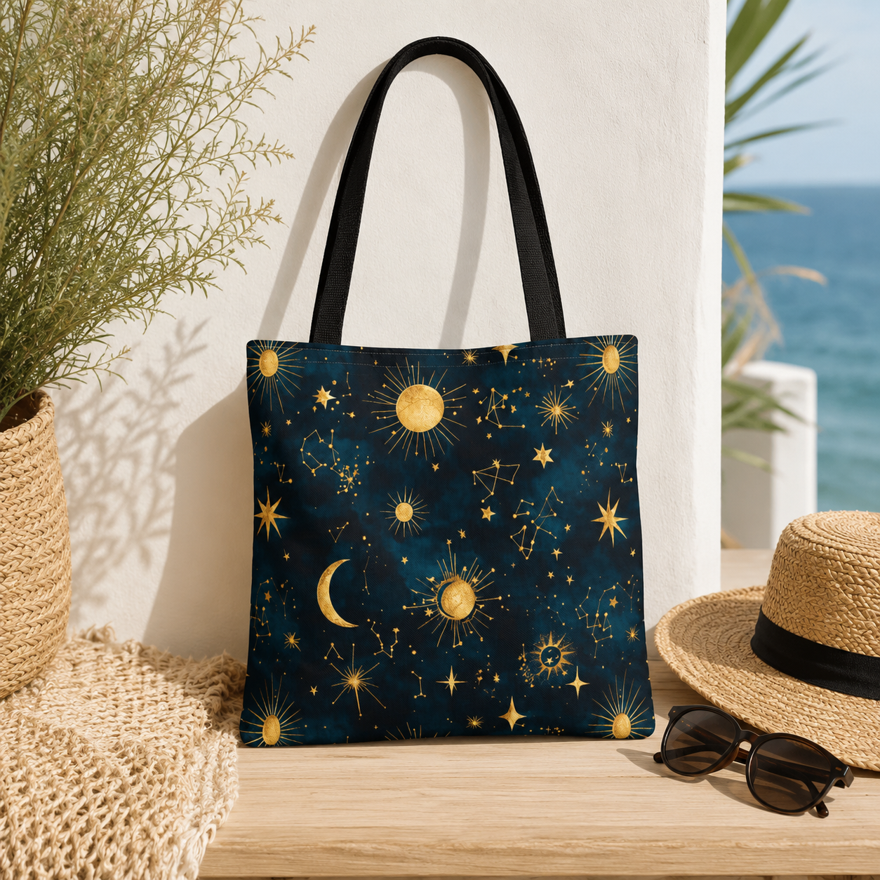 Golden Celestial Suns and Constellations Tote | Moon and Stars Night Sky
