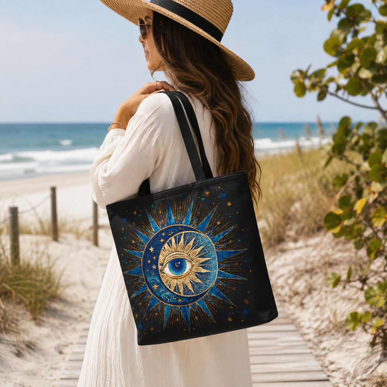 Witchy Tote Bag | Sun Moon Evil Eye Celestial Canvas Tote | Boho Spiritual Gift for Her