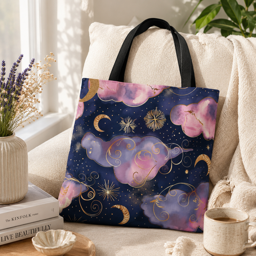 Celestial Pink & Purple Clouds Tote Bag | Moon & Stars – product image 1