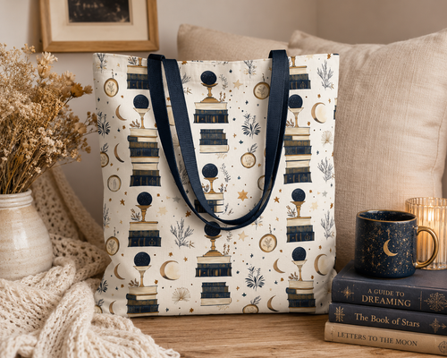 A tote bag with a celestial book-themed print, featuring navy blue handles and a pattern of stacked books, moons, stars, and botanical motifs on a cream background. The bag is styled on a wooden table next to a cozy book stack, a dark blue starry mug, and a knitted blanket.
