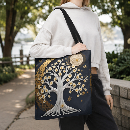 A person outdoors carrying a navy tote bag with a large white and gold tree design, a circular gold medallion detail, and a black shoulder strap. The background shows a blurred park scene with trees and water.