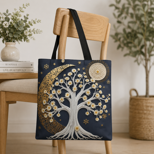 A navy tote bag with a large white and gold tree design, hanging on a wooden chair in a styled indoor setting with plants and books in the background.