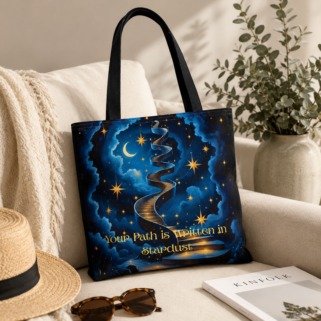 A canvas tote bag with black handles sits on a beige sofa in a styled home setting. The bag features a printed design of a winding golden path through a starry blue night sky with the text 'Your Path is Written in Stardust'.