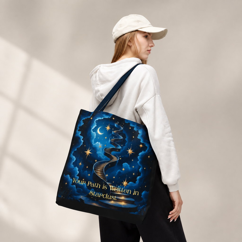 A woman wearing a white cap and white hoodie carries a large canvas tote bag. The bag features a dark blue night sky design with a winding golden spiral staircase, glowing stars, a crescent moon, and the text 'Your Path is Written in Starlight'.