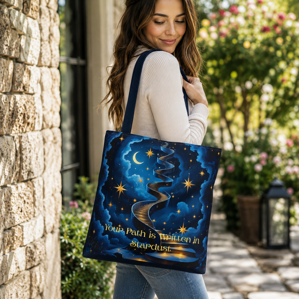A woman carrying a large navy blue tote bag with a celestial print of a winding golden path under stars and the text 'Your Path is Written in Starlight' in an outdoor garden setting.